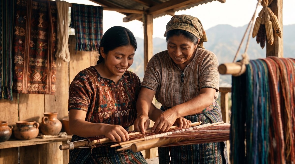 A woman sits at a traditional backstrap loom, threads in her lap, hands guiding the shuttle in practiced motion.