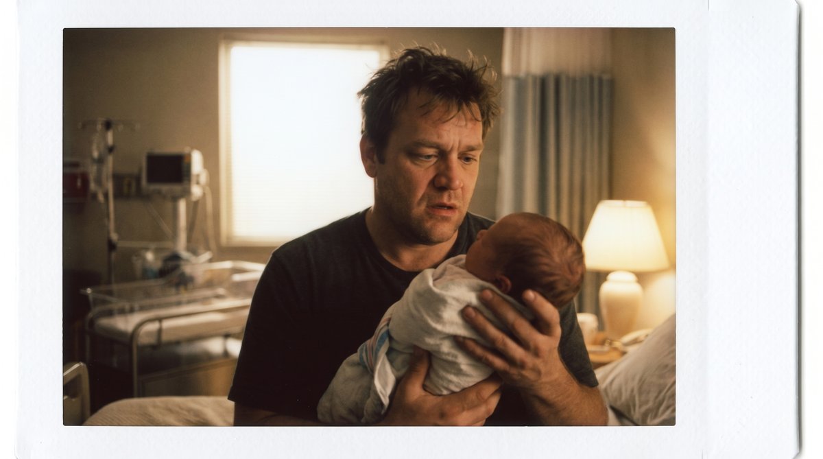 A woman cradles a newborn in a hospital room, soft morning light through a window, tender exhaustion.
