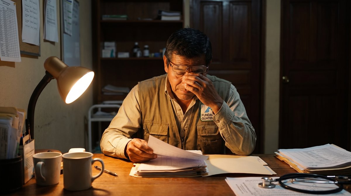 A man sits in a dim office, reviewing files at a desk with a lamp casting shadows on papers.
