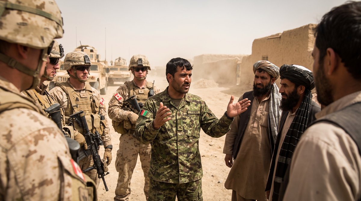 A man crouches to translate for soldiers in a field, his hands gesturing, they lean in to listen.