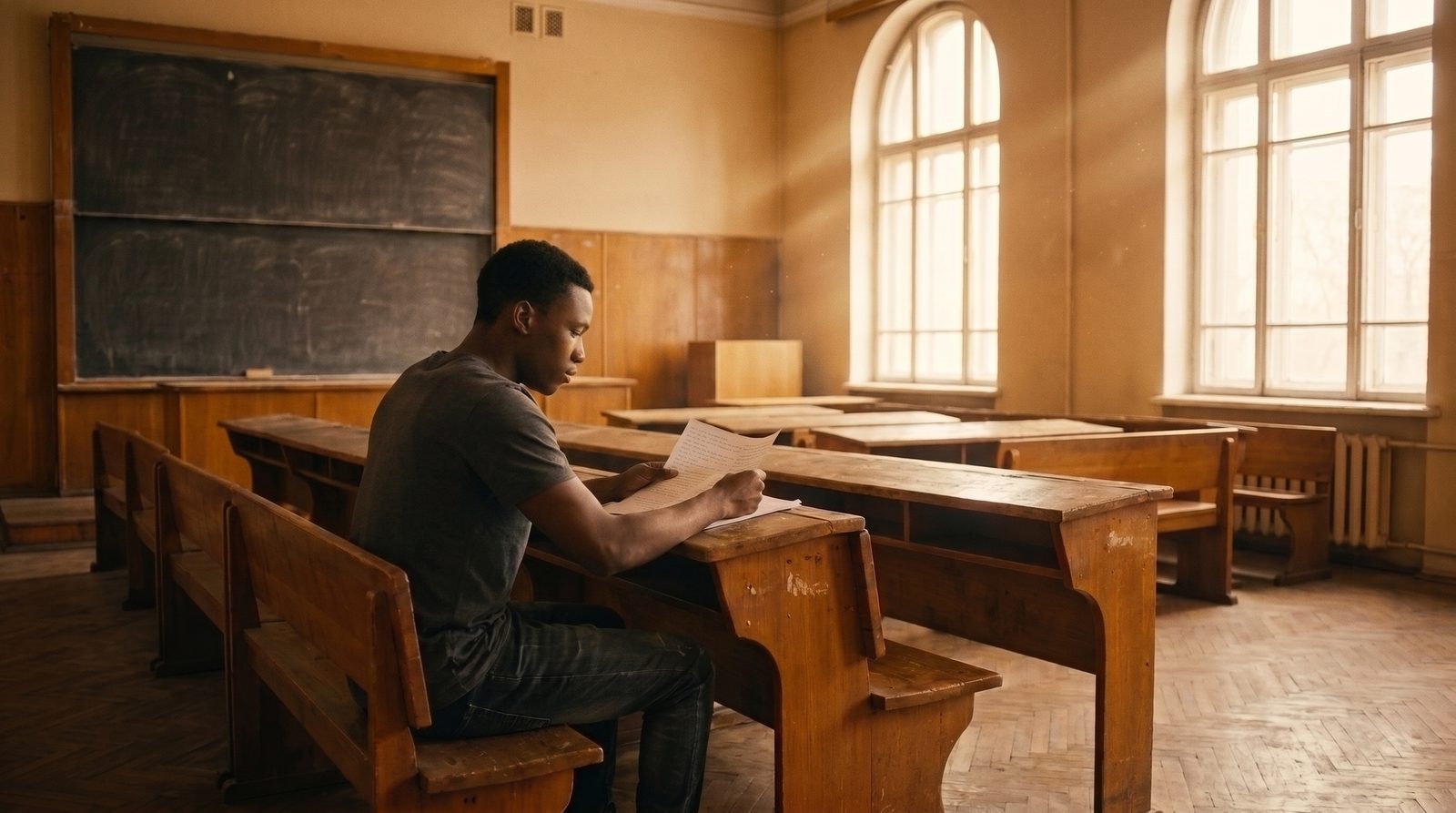 A young Black man sits alone at a wooden desk in a vintage classroom, reading a document by warm sunlight from tall arched windows, the room otherwise empty.