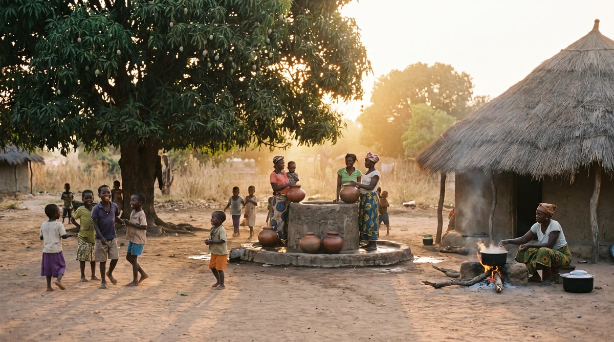 Village residents perform a traditional ritual in the dust, women in bright headwraps and men in tunics, moving in a ceremonial pattern.
