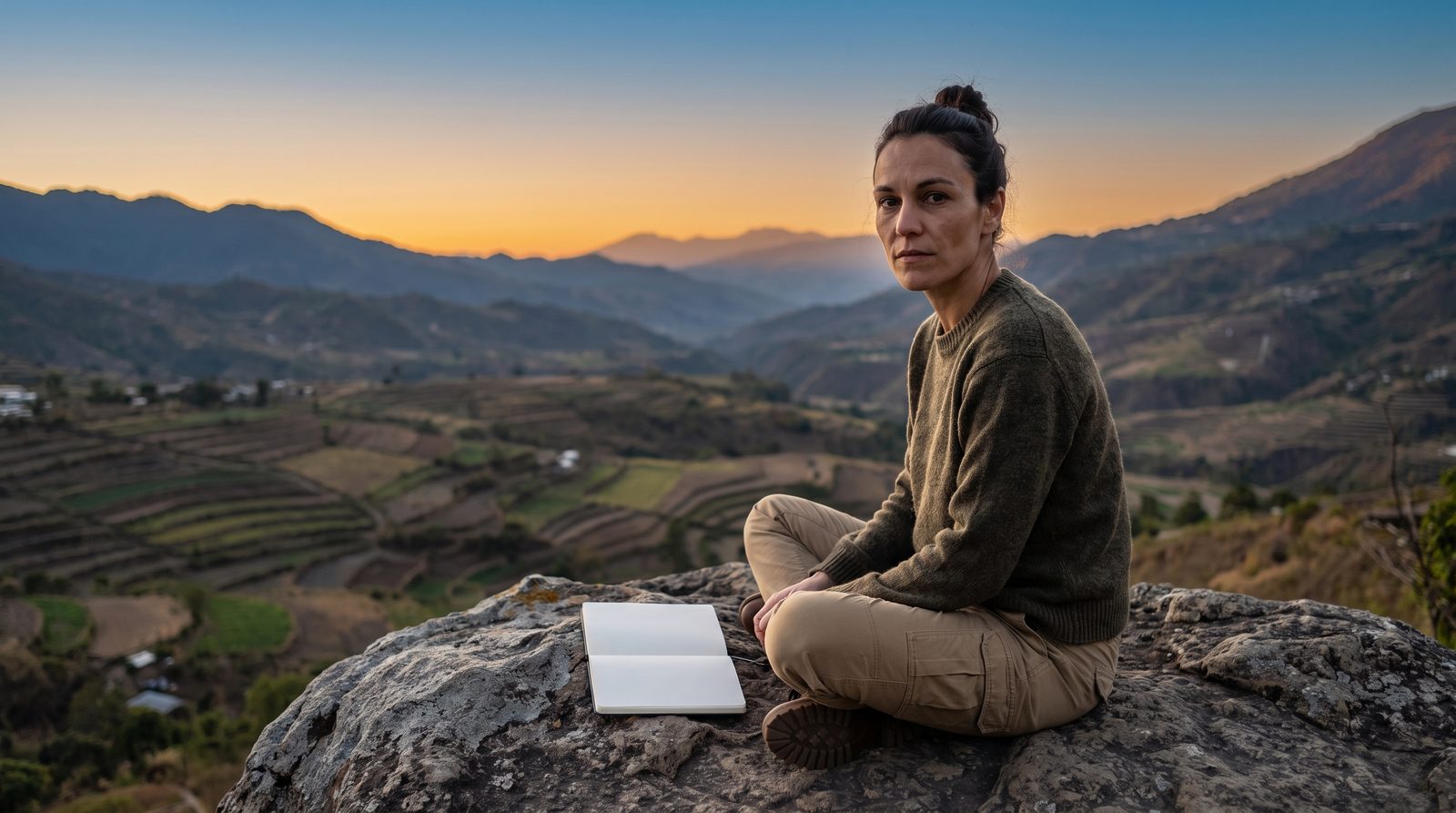 A woman with dark hair in a bun sits cross-legged on a rock at sunset on a mountain ridge, an open notebook beside her, overlooking a valley of terraced fields and distant blue mountains.