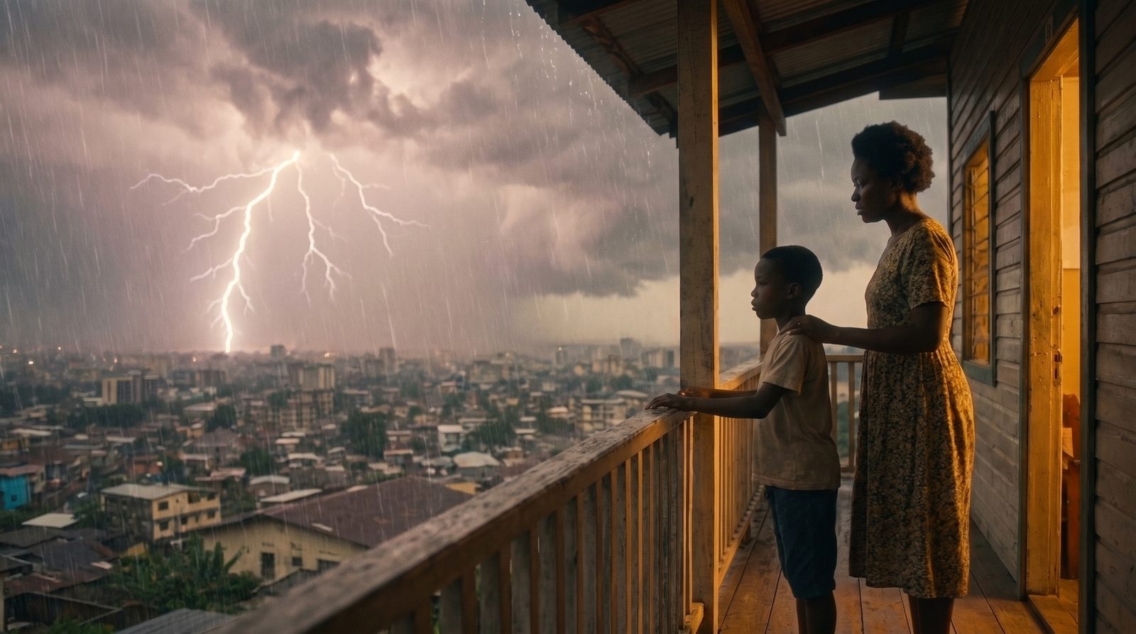 A woman rests a protective hand on a young boy's shoulder as they stand on a wooden porch watching a heavy thunderstorm over a dense city, lightning striking in the distance under a dark sky.