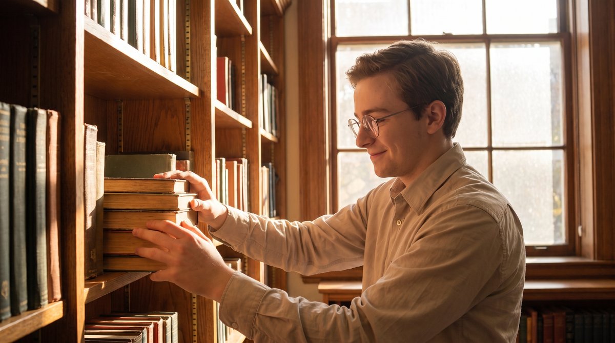 A teenager stacks books in a library, rows of spines filling shelves, soft window light filtering through tall windows.