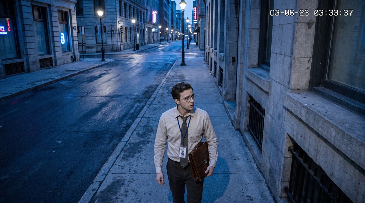 A man walks down an empty city street, late hour, streetlights casting long shadows, buildings cast shadows on wet pavement.