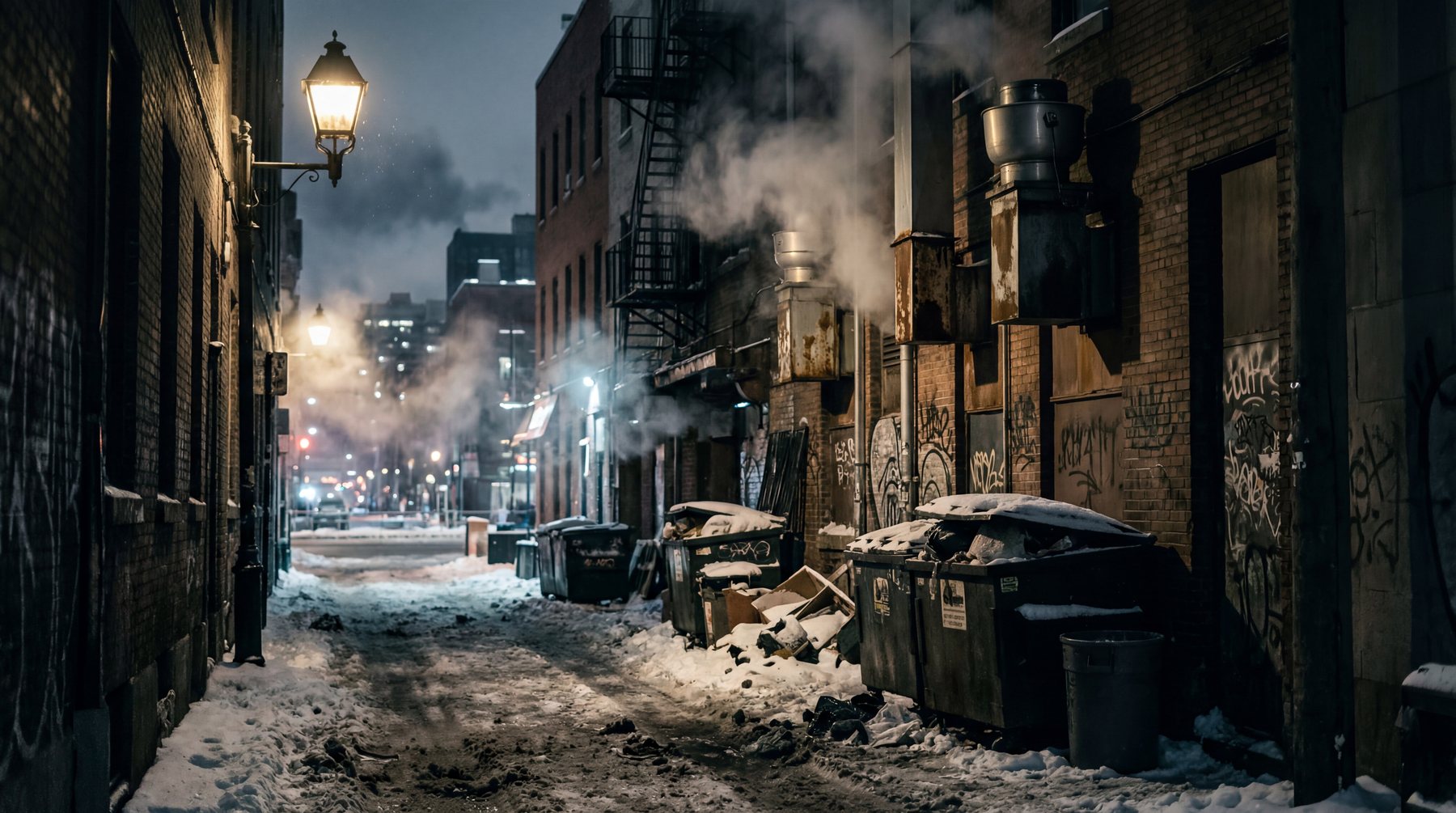 View looking down the length of a narrow snow-covered Montreal back alley at night, warm vintage street lamps on graffiti-covered brick walls, steam rising from industrial exhaust vents, and snow-capped dumpsters lining the slushy path.