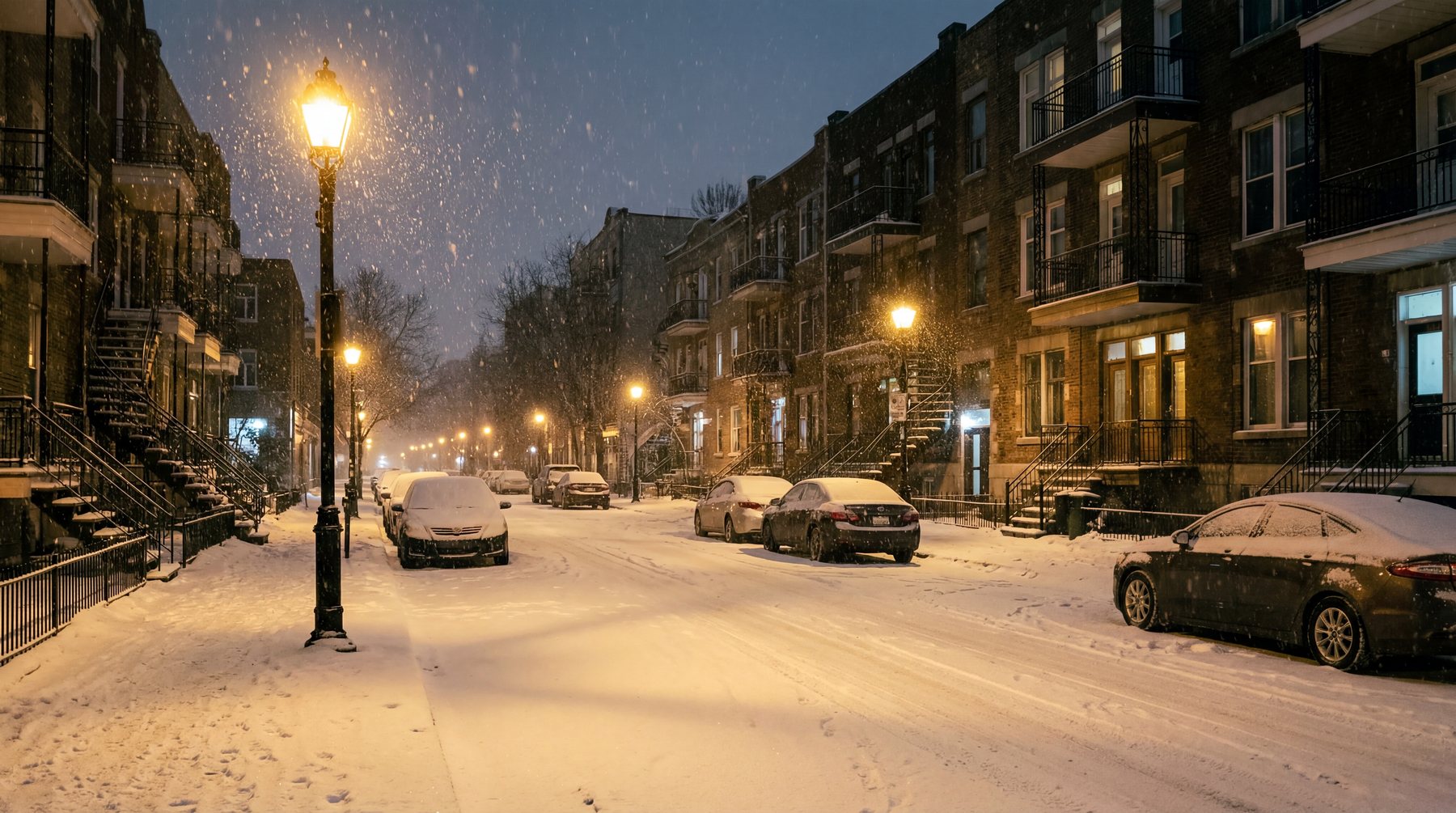 Wide eye-level view down a snow-covered Montreal residential street at dusk during heavy snowfall, brick row houses with exterior metal staircases on both sides, snow-covered parked cars, and lit streetlamps casting warm pools of light on the snow.